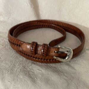 Brighton Brown Leather Belt Silver Buckle Woven Fish Bone Unisex 40" Western